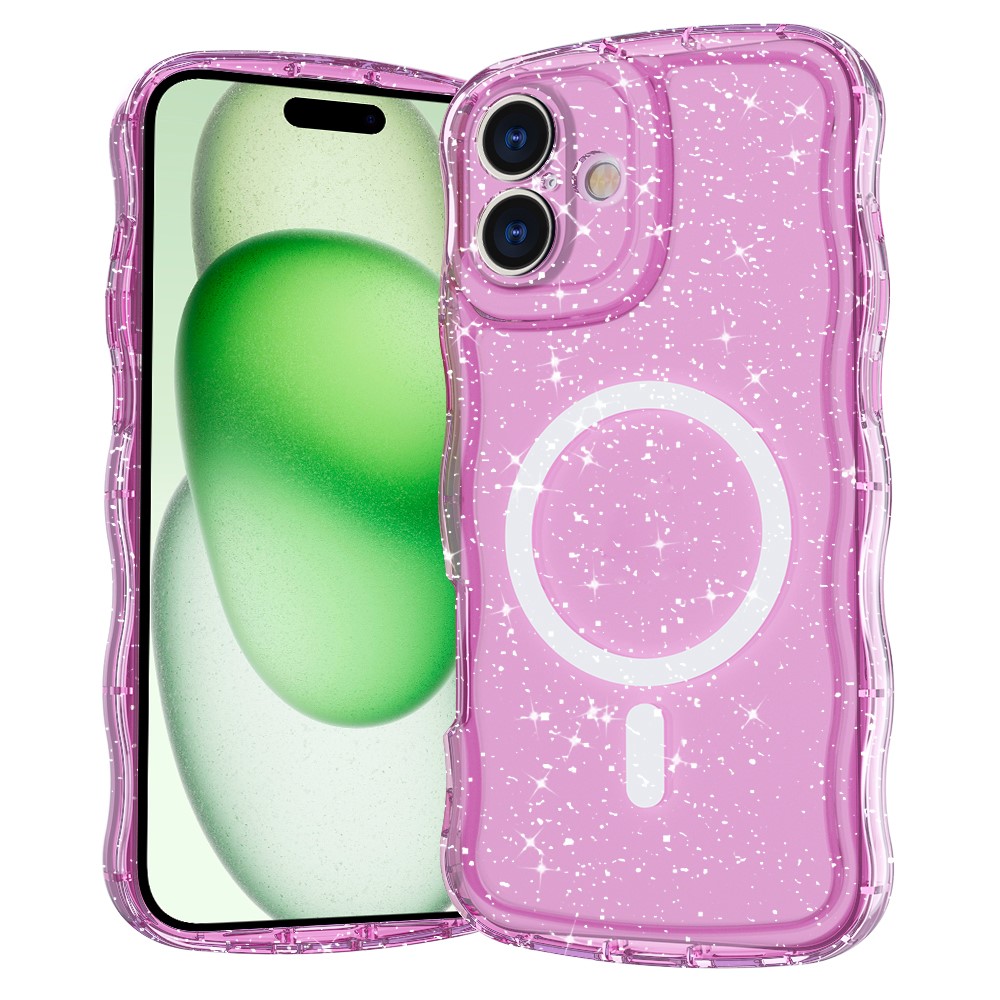 For iPhone 16 Plus Magnetic Case Wave Edge Glitter TPU Phone Back Cover - Clear Pink