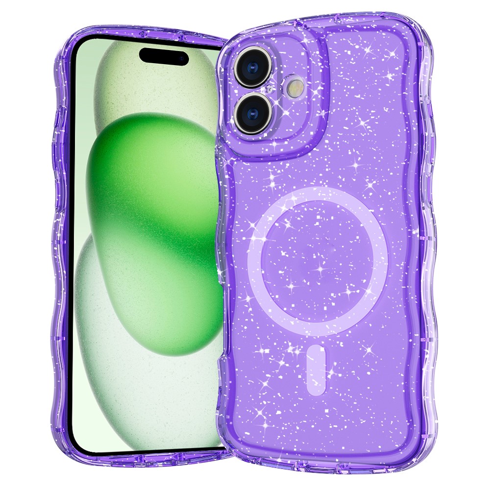 For iPhone 16 Plus Magnetic Case Wave Edge Glitter TPU Phone Back Cover - Clear Purple