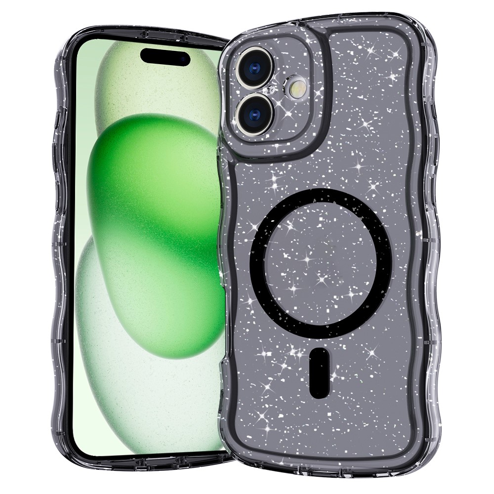 For iPhone 16 Plus Magnetic Case Wave Edge Glitter TPU Phone Back Cover - Clear Black