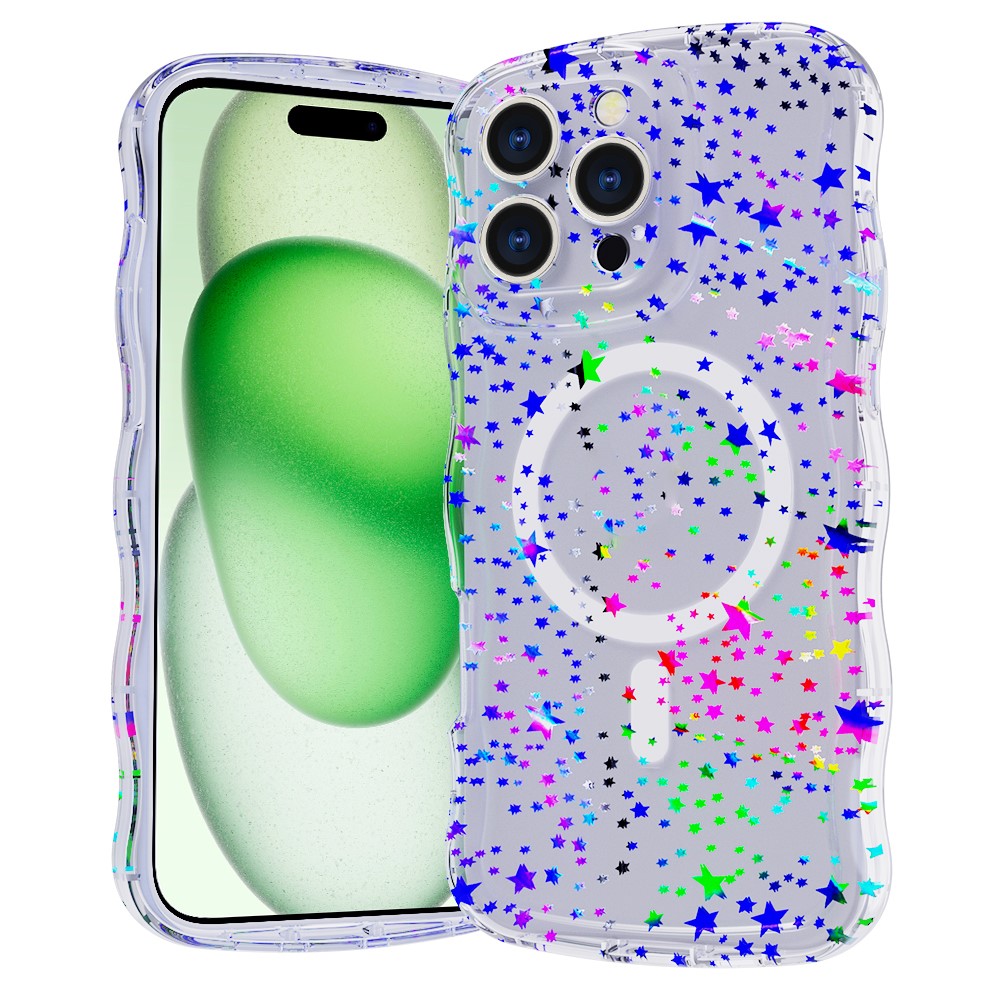 For iPhone 16 Pro Max Magnetic Case Wave Edge Glitter TPU Phone Back Cover - Laser Star