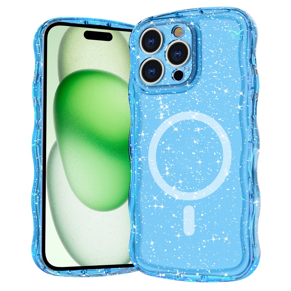 For iPhone 16 Pro Max Magnetic Case Wave Edge Glitter TPU Phone Back Cover - Clear Blue