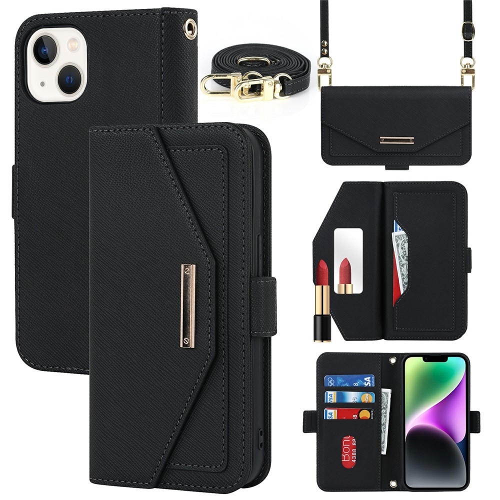 For iPhone 15 Stand Case Cross Texture PU Leather Wallet Phone Cover with Shoulder Strap / Makeup Mirror - Black