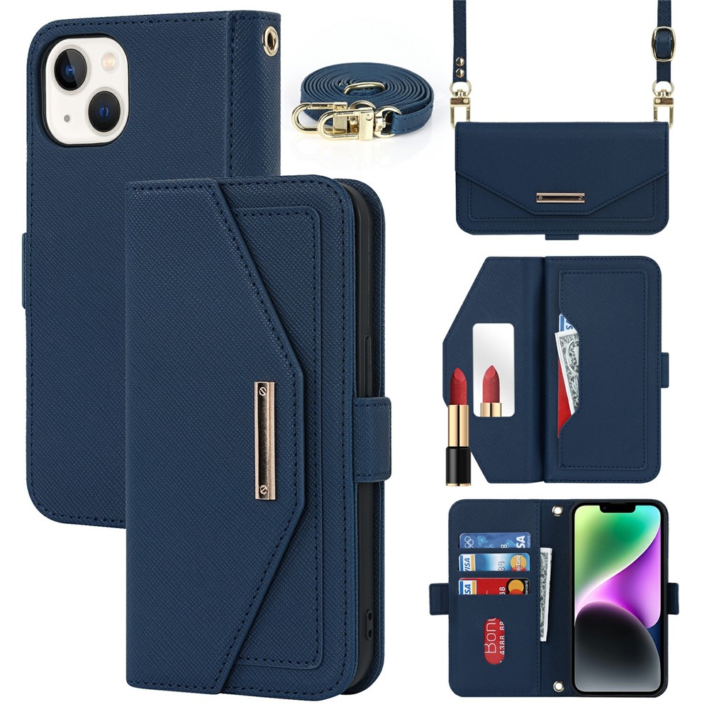 For iPhone 15 Stand Case Cross Texture PU Leather Wallet Phone Cover with Shoulder Strap / Makeup Mirror - Blue
