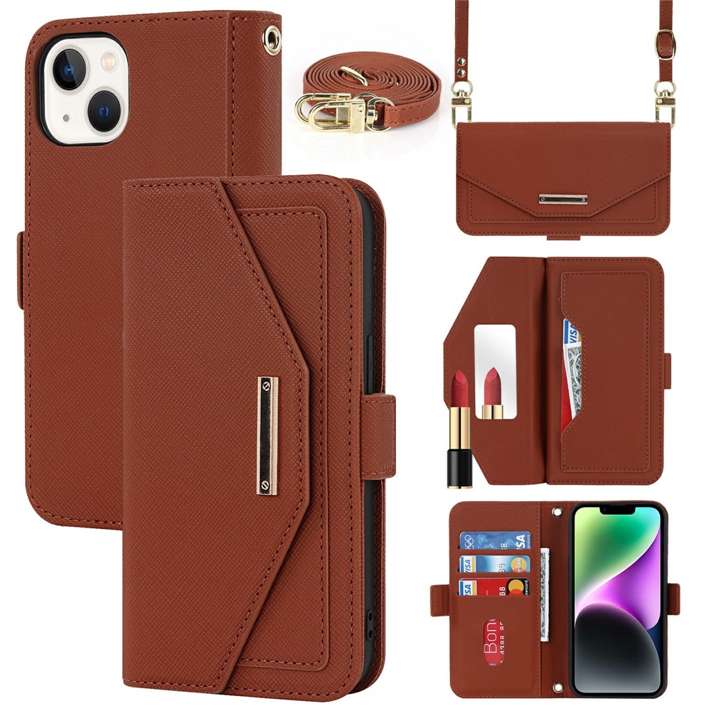 For iPhone 15 Stand Case Cross Texture PU Leather Wallet Phone Cover with Shoulder Strap / Makeup Mirror - Brown