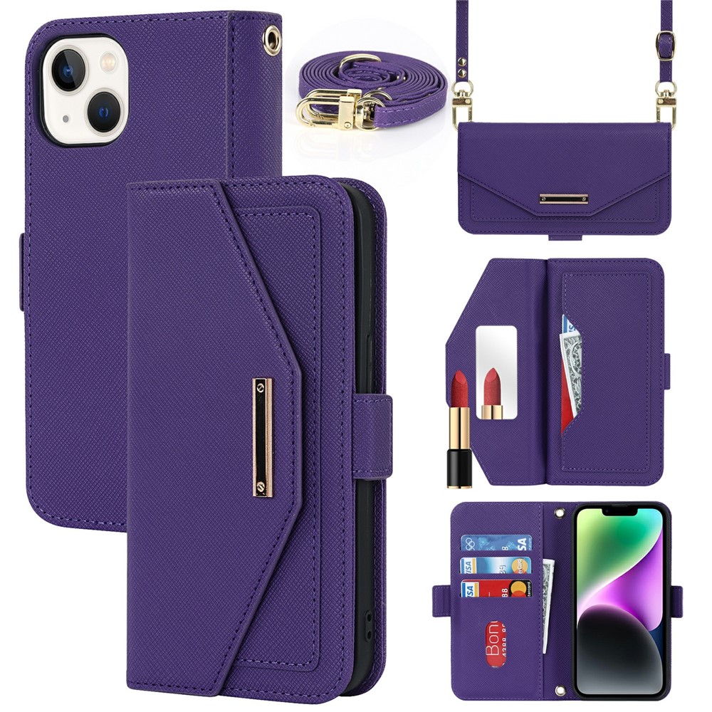 For iPhone 15 Stand Case Cross Texture PU Leather Wallet Phone Cover with Shoulder Strap / Makeup Mirror - Purple