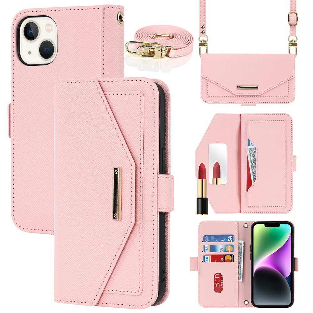 For iPhone 15 Stand Case Cross Texture PU Leather Wallet Phone Cover with Shoulder Strap / Makeup Mirror - Pink