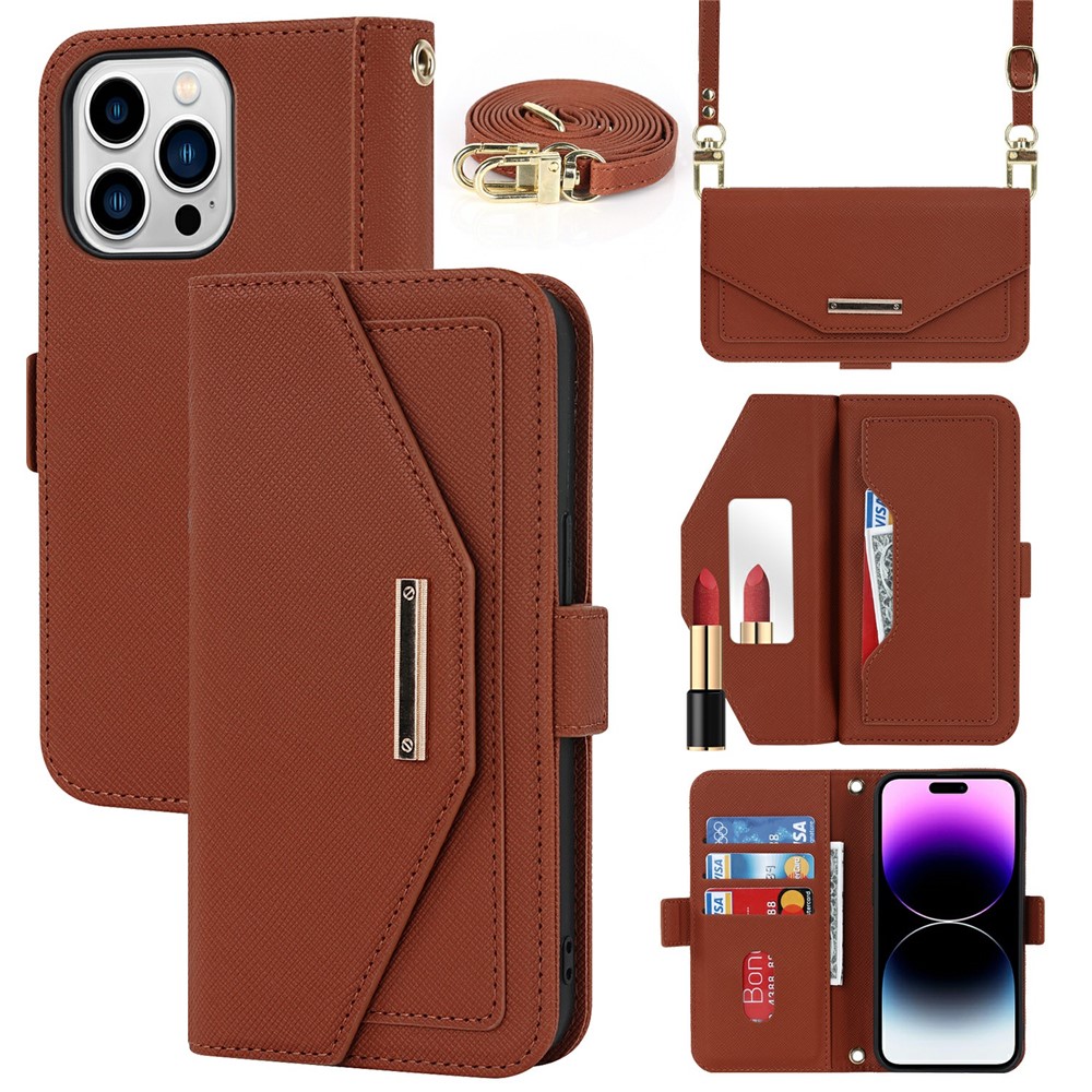 For iPhone 15 Pro Stand Case Cross Texture PU Leather Wallet Phone Cover with Shoulder Strap / Makeup Mirror - Brown
