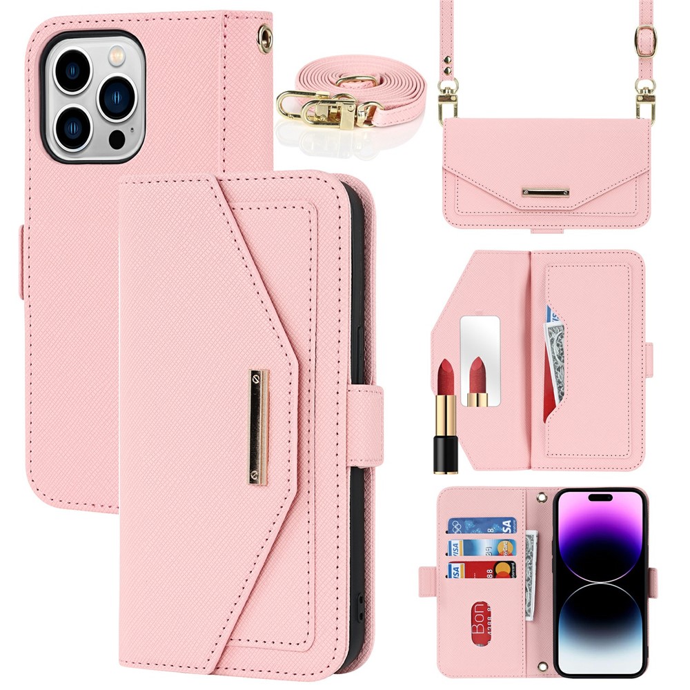 For iPhone 15 Pro Stand Case Cross Texture PU Leather Wallet Phone Cover with Shoulder Strap / Makeup Mirror - Pink
