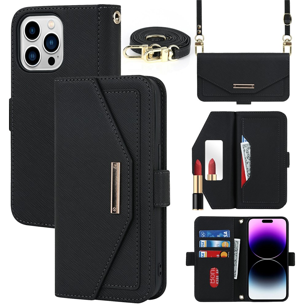 For iPhone 15 Pro Max Stand Case Cross Texture PU Leather Wallet Phone Cover with Shoulder Strap / Makeup Mirror - Black
