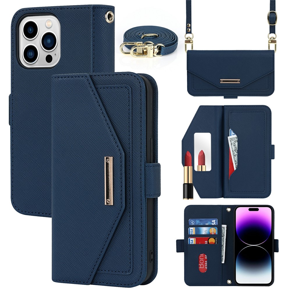 For iPhone 15 Pro Max Stand Case Cross Texture PU Leather Wallet Phone Cover with Shoulder Strap / Makeup Mirror - Blue