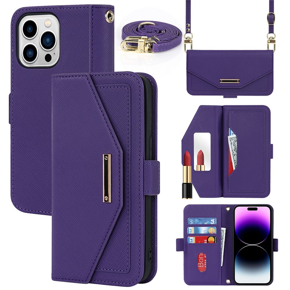 For iPhone 15 Pro Max Stand Case Cross Texture PU Leather Wallet Phone Cover with Shoulder Strap / Makeup Mirror - Purple
