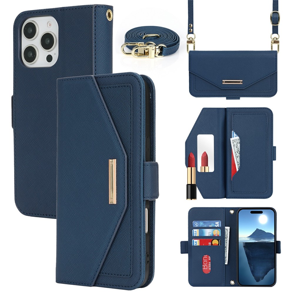 For iPhone 16 Pro Max Stand Case Cross Texture PU Leather Wallet Phone Cover with Shoulder Strap / Makeup Mirror - Blue