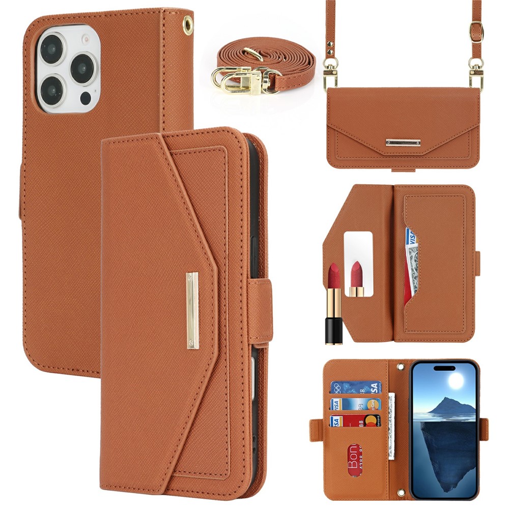 For iPhone 16 Pro Max Stand Case Cross Texture PU Leather Wallet Phone Cover with Shoulder Strap / Makeup Mirror - Brown