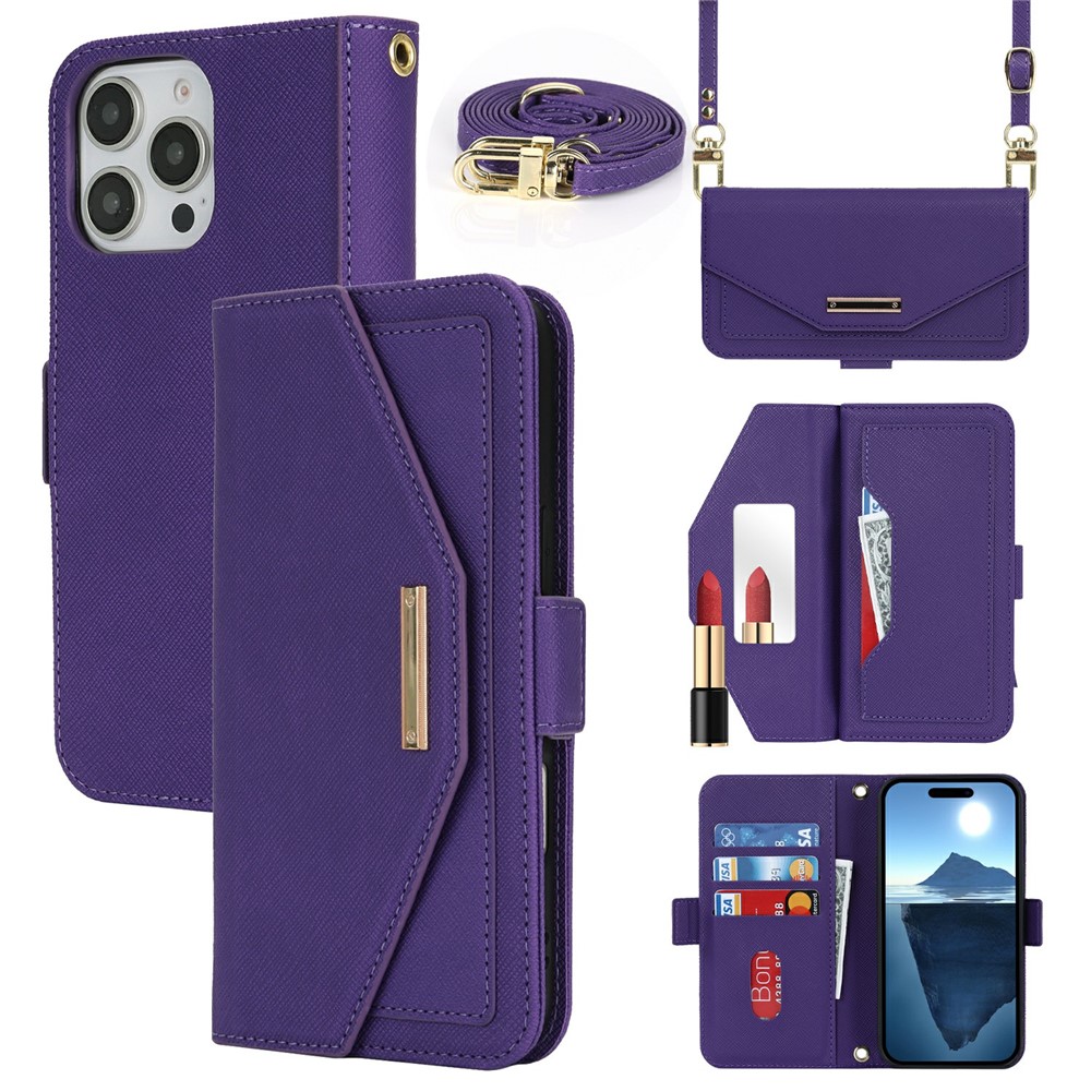 For iPhone 16 Pro Max Stand Case Cross Texture PU Leather Wallet Phone Cover with Shoulder Strap / Makeup Mirror - Purple