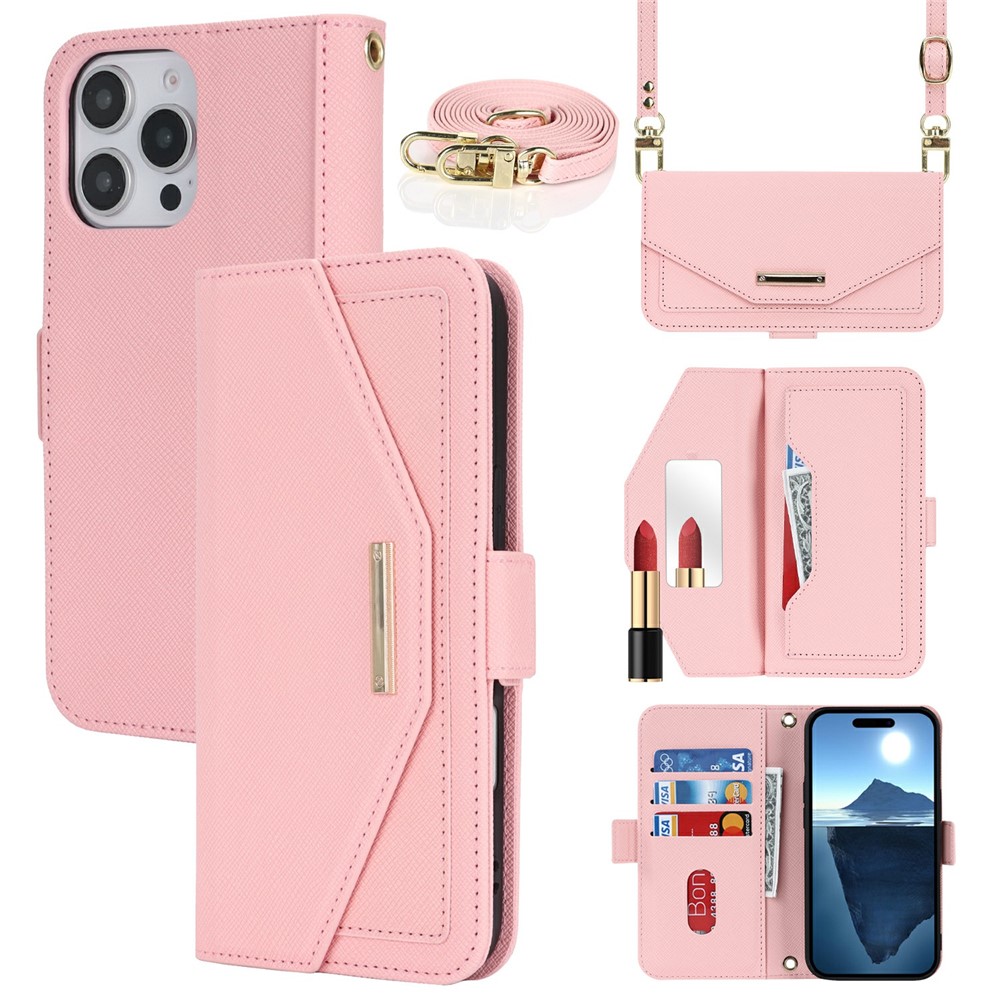 For iPhone 16 Pro Max Stand Case Cross Texture PU Leather Wallet Phone Cover with Shoulder Strap / Makeup Mirror - Pink