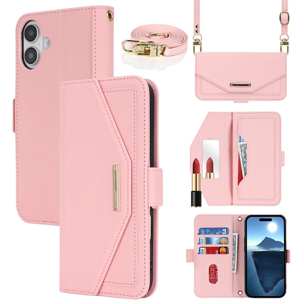 For iPhone 16 Plus Stand Case Cross Texture PU Leather Wallet Phone Cover with Shoulder Strap / Makeup Mirror - Pink