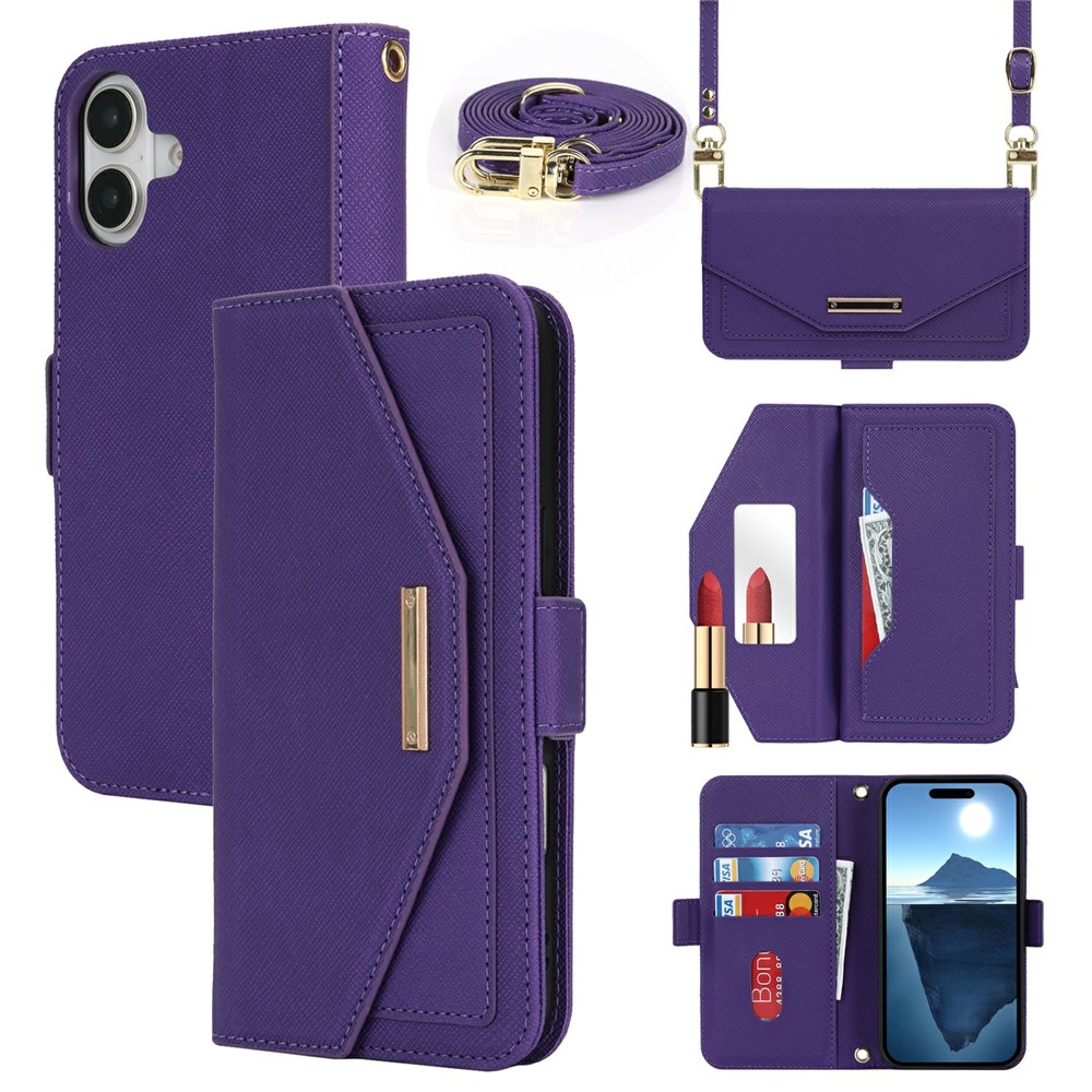For iPhone 16 Plus Stand Case Cross Texture PU Leather Wallet Phone Cover with Shoulder Strap / Makeup Mirror - Purple