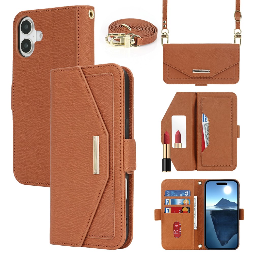 For iPhone 16 Plus Stand Case Cross Texture PU Leather Wallet Phone Cover with Shoulder Strap / Makeup Mirror - Brown