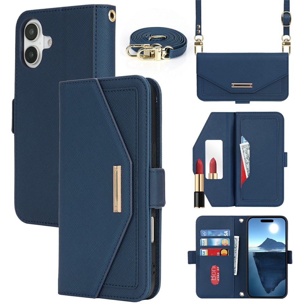 For iPhone 16 Plus Stand Case Cross Texture PU Leather Wallet Phone Cover with Shoulder Strap / Makeup Mirror - Blue