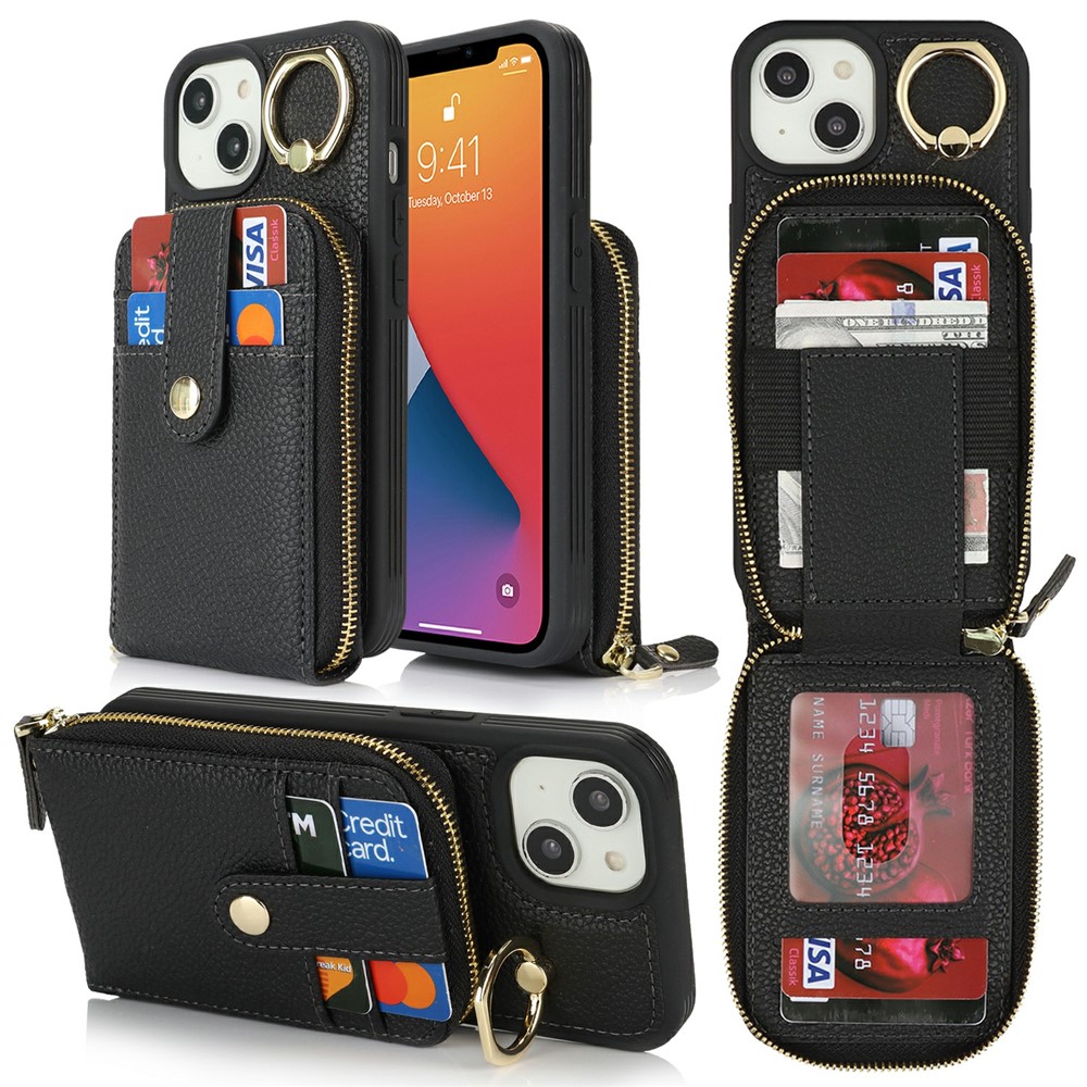 For iPhone 14 / 13 Case with Zipper Pouch / Ring Kickstand / Strap Litchi Texture PU + TPU Phone Cover - Black