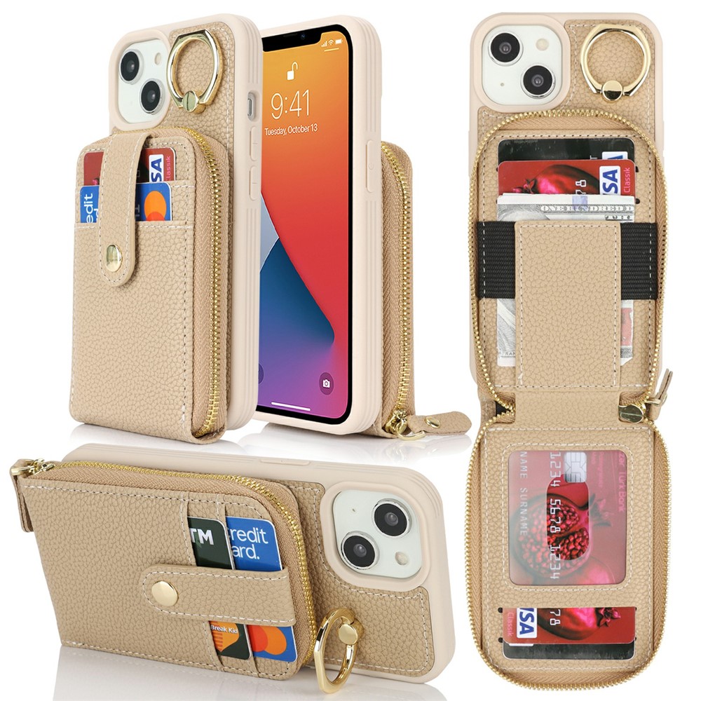 For iPhone 14 / 13 Case with Zipper Pouch / Ring Kickstand / Strap Litchi Texture PU + TPU Phone Cover - Beige