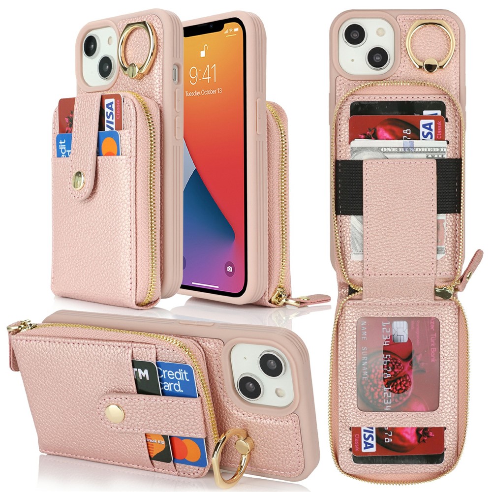 For iPhone 14 / 13 Case with Zipper Pouch / Ring Kickstand / Strap Litchi Texture PU + TPU Phone Cover - Rose Gold