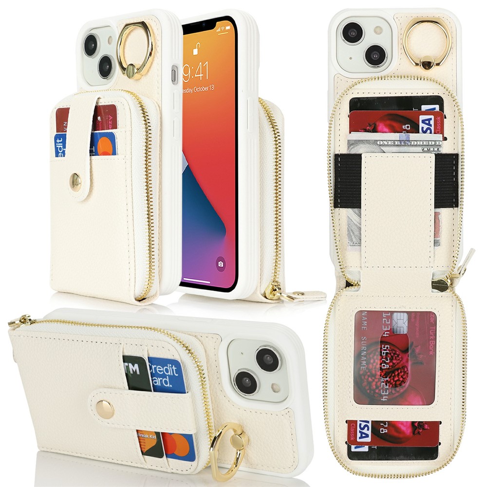 For iPhone 14 / 13 Case with Zipper Pouch / Ring Kickstand / Strap Litchi Texture PU + TPU Phone Cover - White