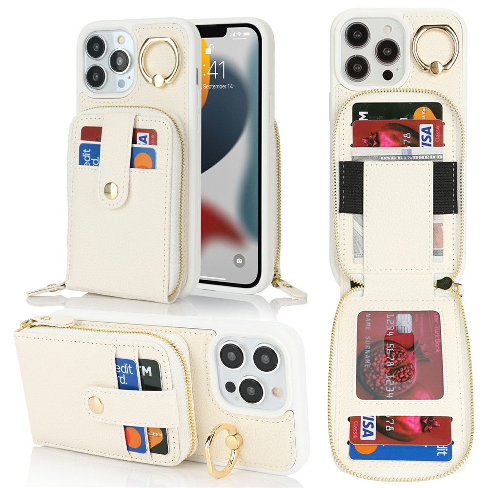For iPhone 13 Pro Max / 12 Pro Max Case with Zipper Pouch / Ring Kickstand / Strap Litchi Texture PU + TPU Phone Cover - White