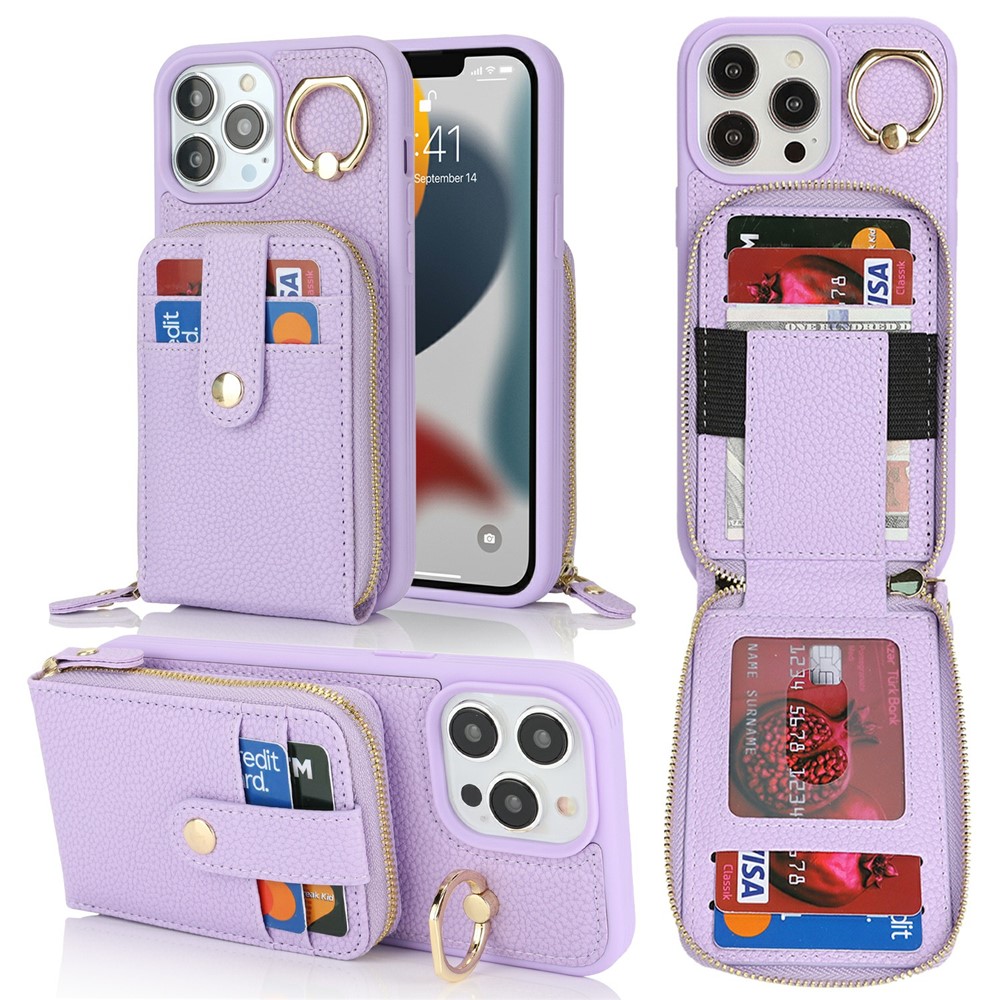 For iPhone 13 Pro Max / 12 Pro Max Case with Zipper Pouch / Ring Kickstand / Strap Litchi Texture PU + TPU Phone Cover - Purple
