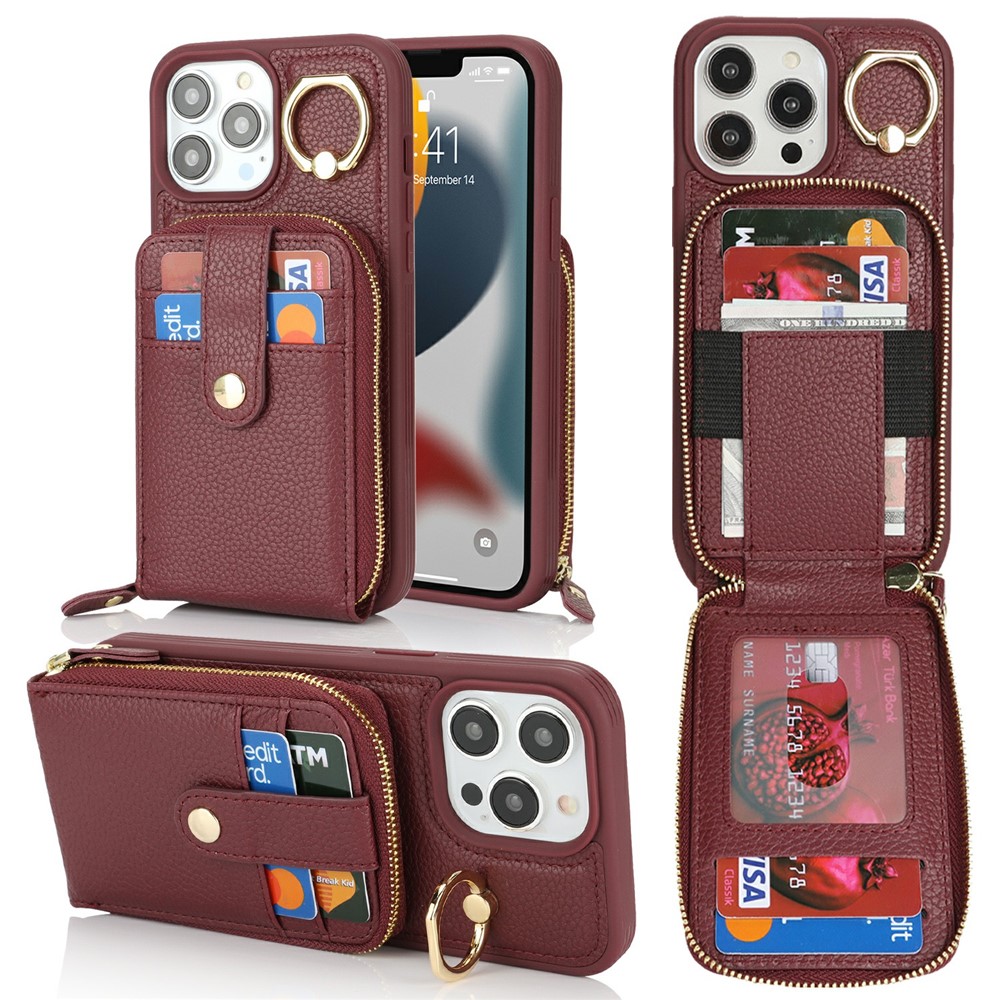 For iPhone 13 Pro Max / 12 Pro Max Case with Zipper Pouch / Ring Kickstand / Strap Litchi Texture PU + TPU Phone Cover - Wine Red
