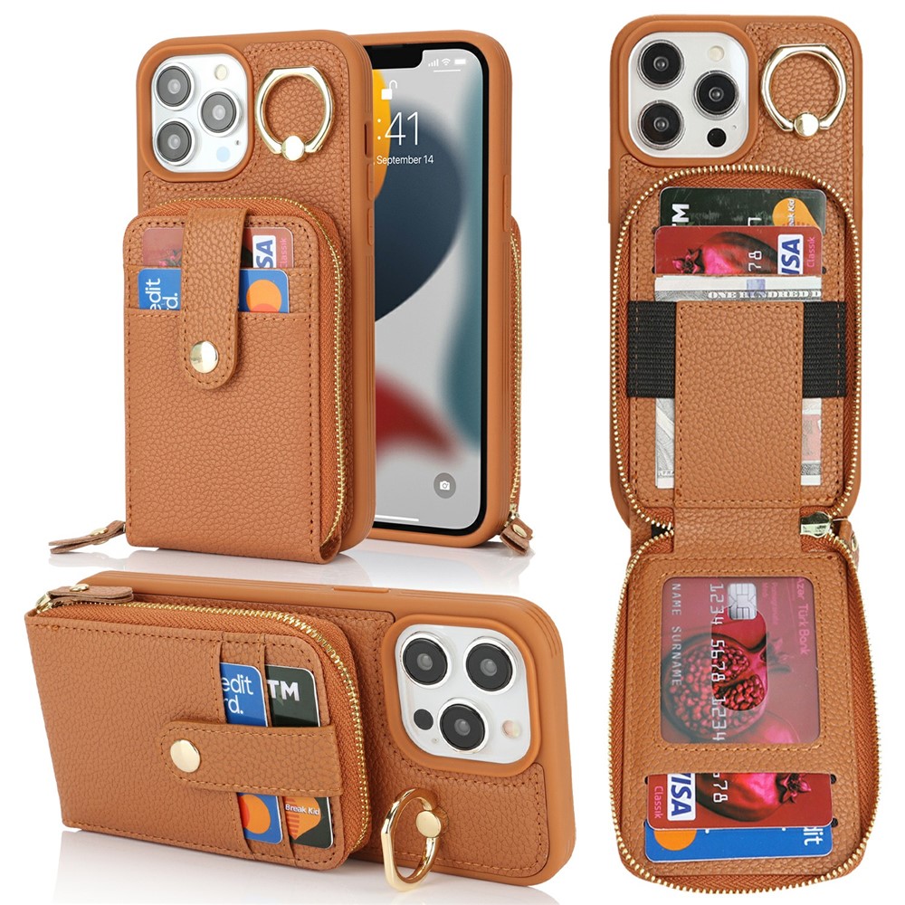 For iPhone 13 Pro Max / 12 Pro Max Case with Zipper Pouch / Ring Kickstand / Strap Litchi Texture PU + TPU Phone Cover - Brown
