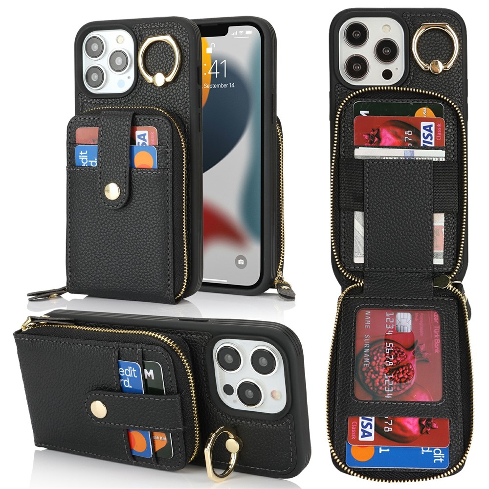 For iPhone 13 Pro Max / 12 Pro Max Case with Zipper Pouch / Ring Kickstand / Strap Litchi Texture PU + TPU Phone Cover - Black