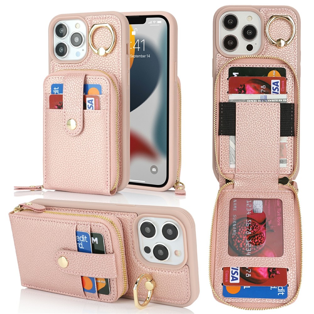 For iPhone 13 Pro Max / 12 Pro Max Case with Zipper Pouch / Ring Kickstand / Strap Litchi Texture PU + TPU Phone Cover - Rose Gold