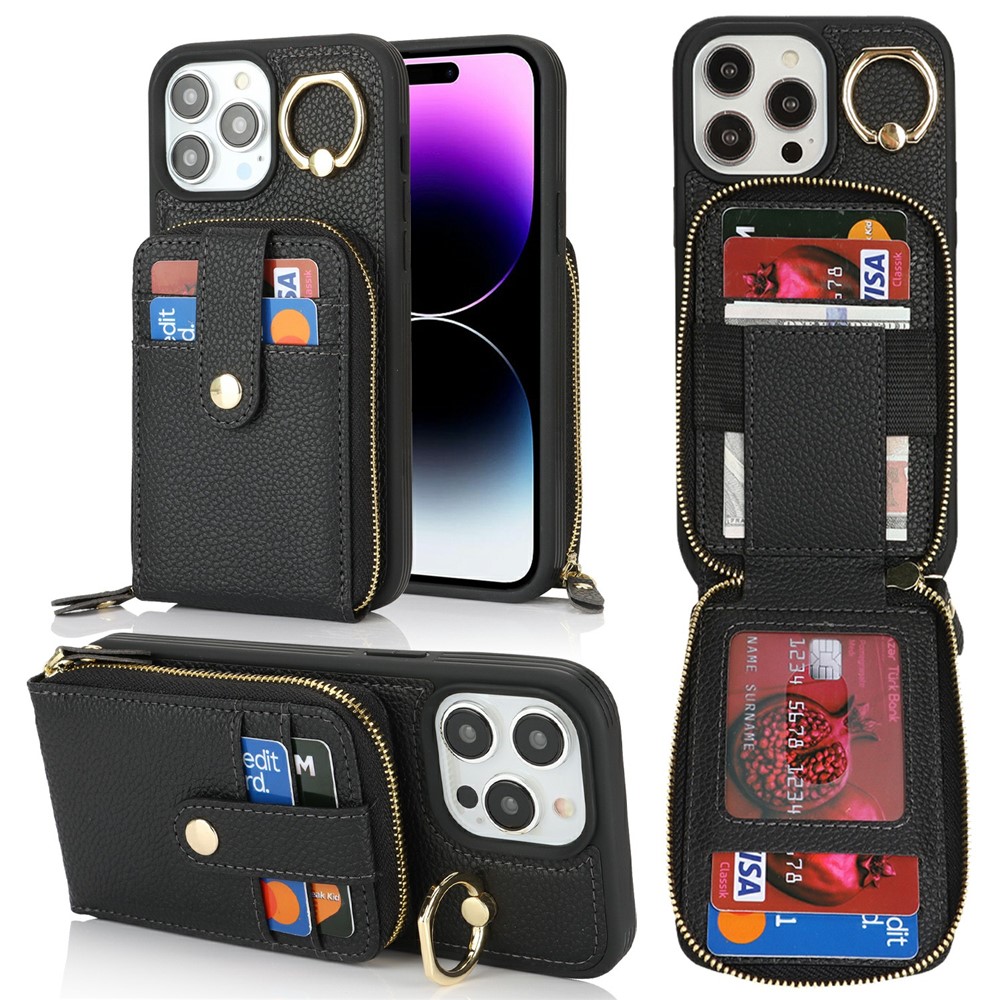 For iPhone 14 Pro Max Case with Zipper Pouch / Ring Kickstand / Strap Litchi Texture PU + TPU Phone Cover - Black