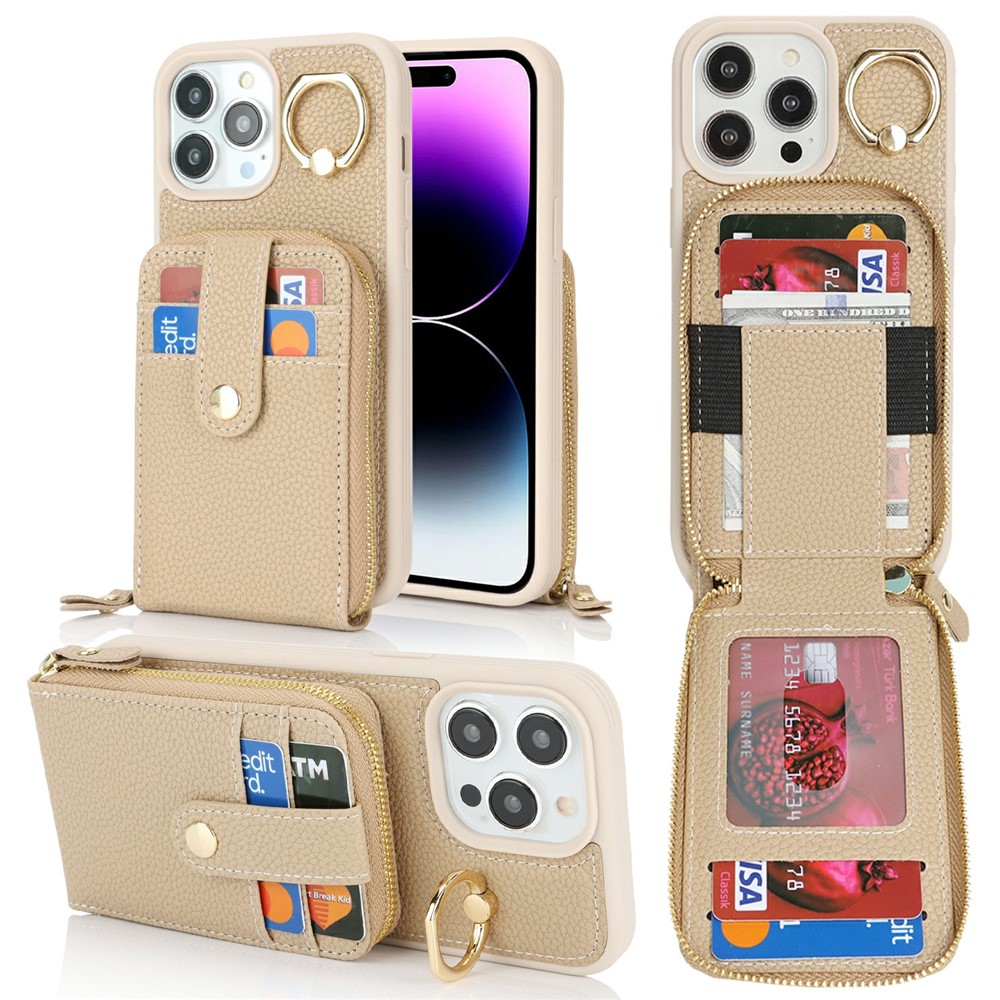 For iPhone 14 Pro Max Case with Zipper Pouch / Ring Kickstand / Strap Litchi Texture PU + TPU Phone Cover - Beige