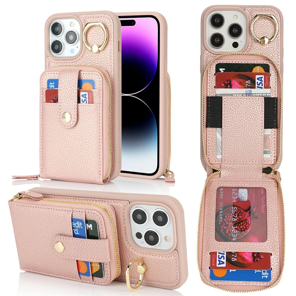 For iPhone 14 Pro Max Case with Zipper Pouch / Ring Kickstand / Strap Litchi Texture PU + TPU Phone Cover - Rose Gold