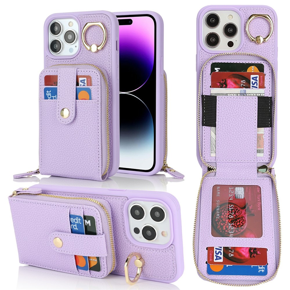 For iPhone 14 Pro Max Case with Zipper Pouch / Ring Kickstand / Strap Litchi Texture PU + TPU Phone Cover - Purple