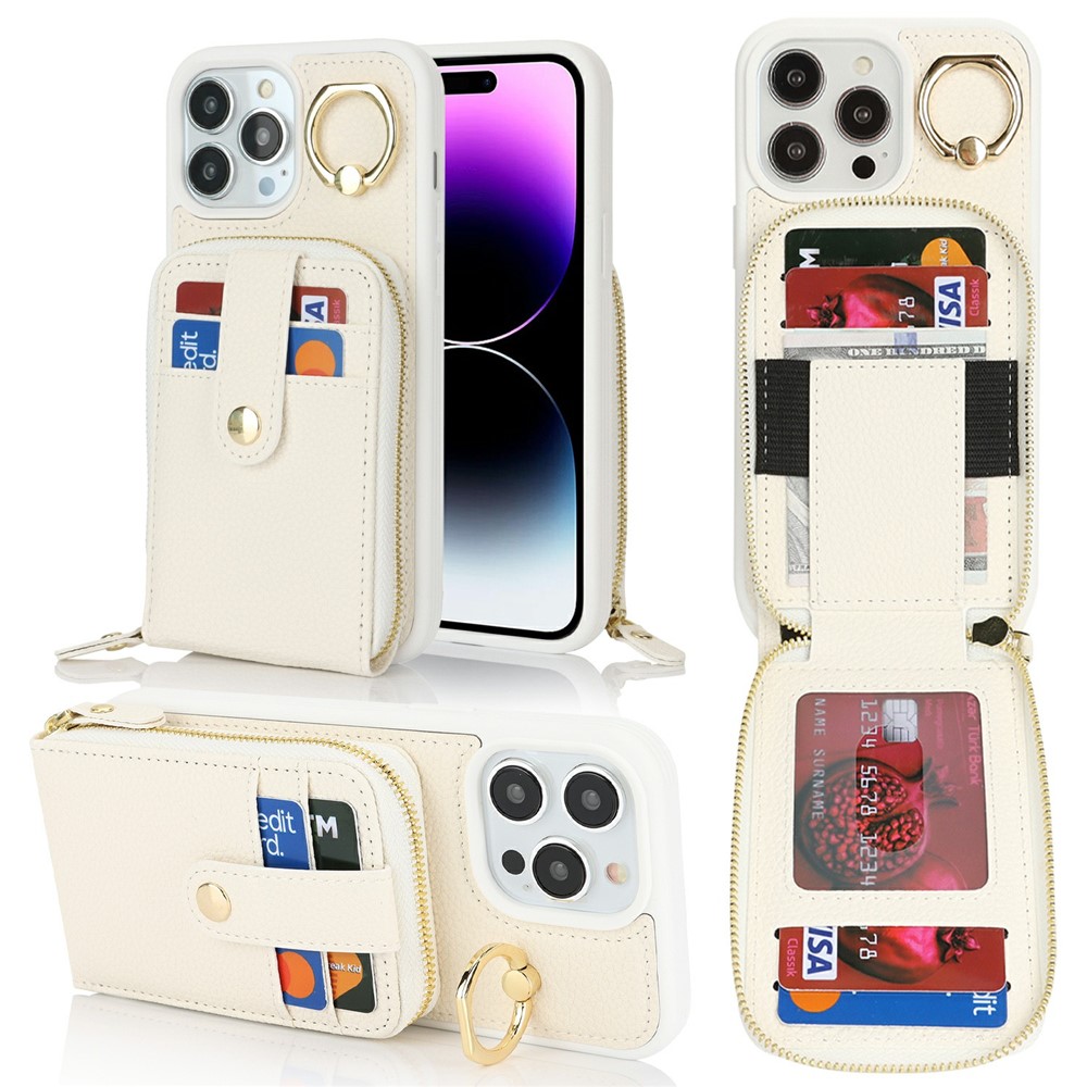 For iPhone 14 Pro Max Case with Zipper Pouch / Ring Kickstand / Strap Litchi Texture PU + TPU Phone Cover - White