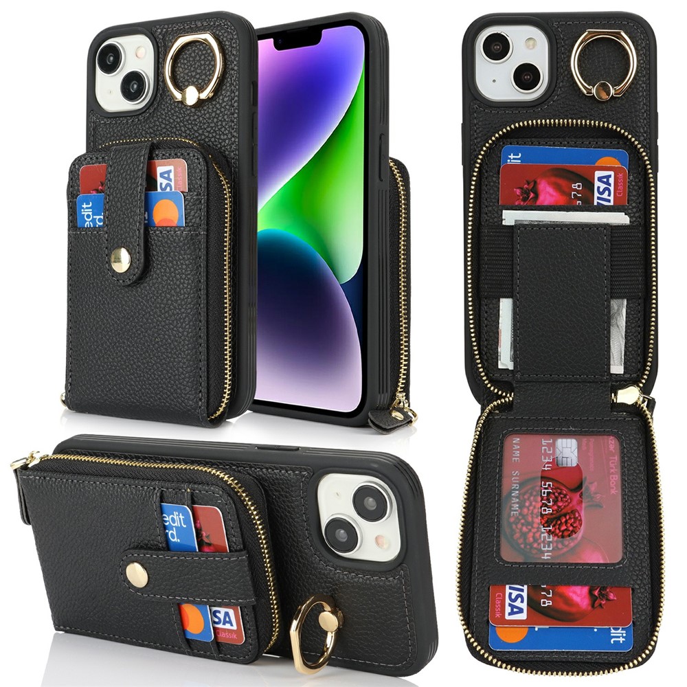 For iPhone 15 Plus / 14 Plus Case with Zipper Pouch / Ring Kickstand / Strap Litchi Texture PU + TPU Phone Cover - Black