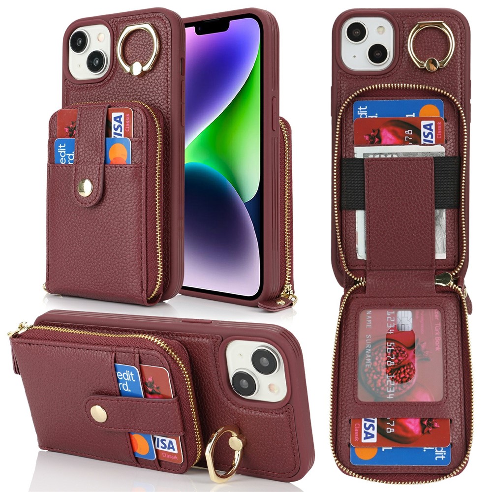 For iPhone 15 Plus / 14 Plus Case with Zipper Pouch / Ring Kickstand / Strap Litchi Texture PU + TPU Phone Cover - Wine Red