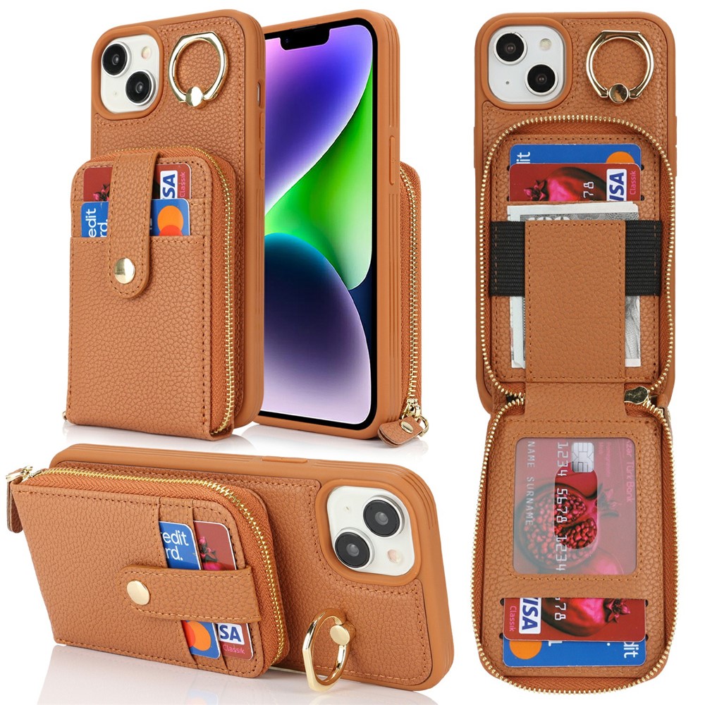 For iPhone 15 Plus / 14 Plus Case with Zipper Pouch / Ring Kickstand / Strap Litchi Texture PU + TPU Phone Cover - Brown