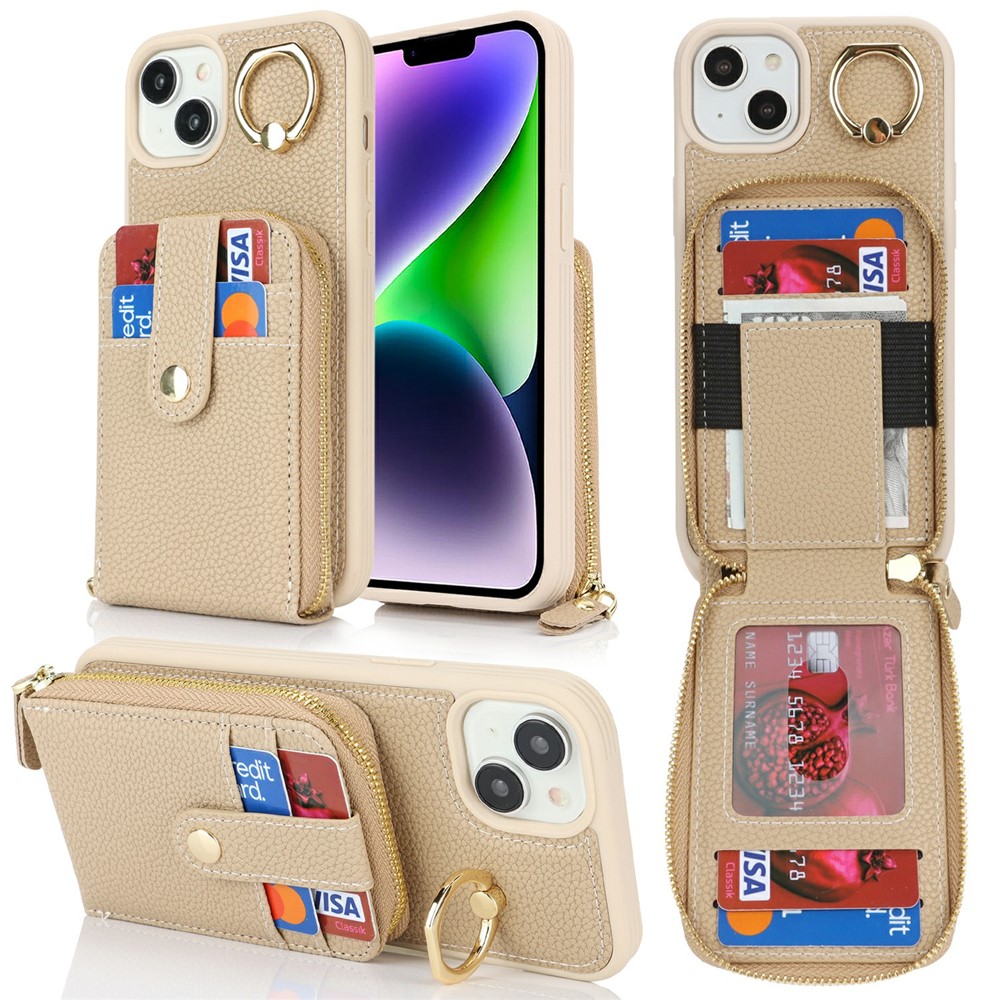 For iPhone 15 Plus / 14 Plus Case with Zipper Pouch / Ring Kickstand / Strap Litchi Texture PU + TPU Phone Cover - Beige