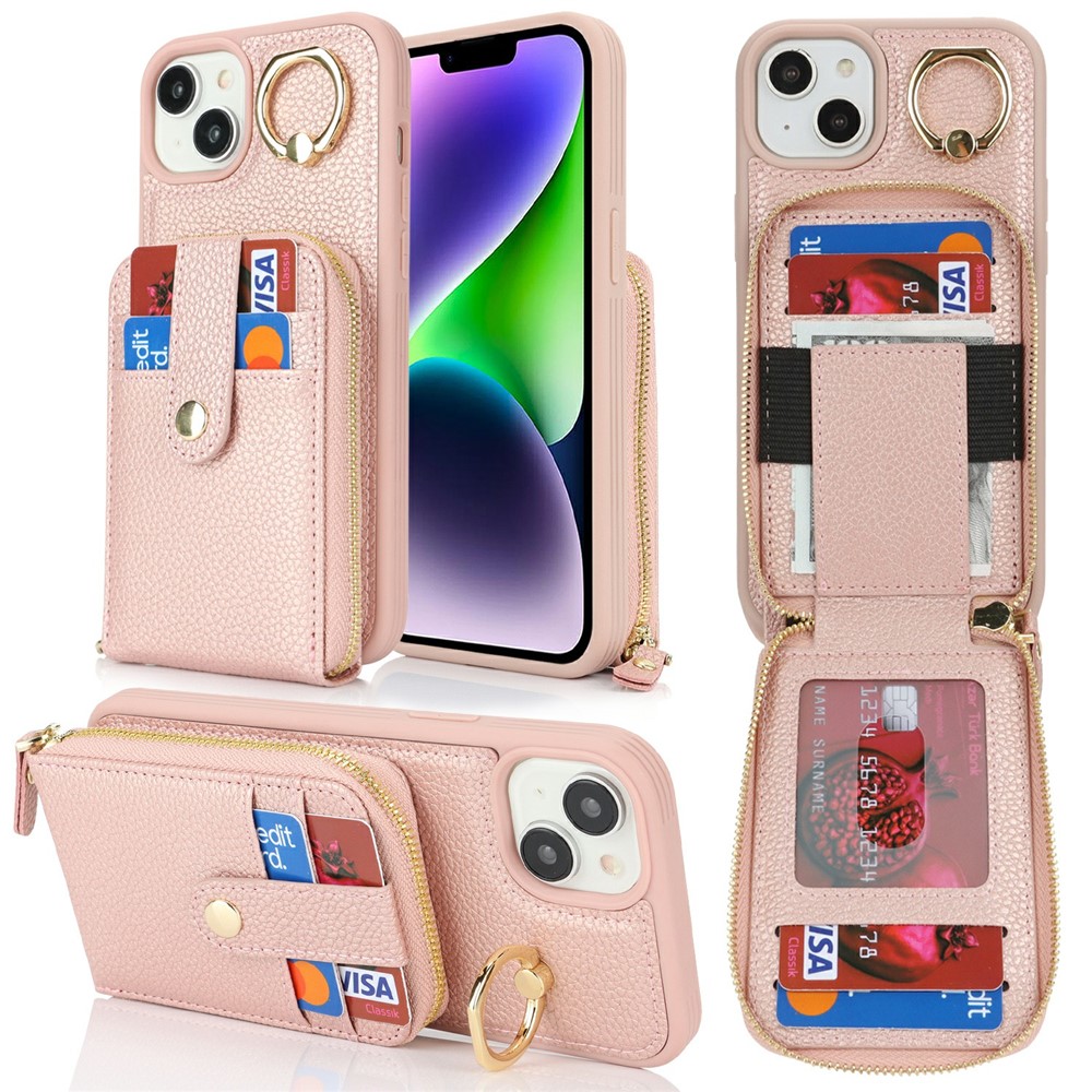 For iPhone 15 Plus / 14 Plus Case with Zipper Pouch / Ring Kickstand / Strap Litchi Texture PU + TPU Phone Cover - Rose Gold
