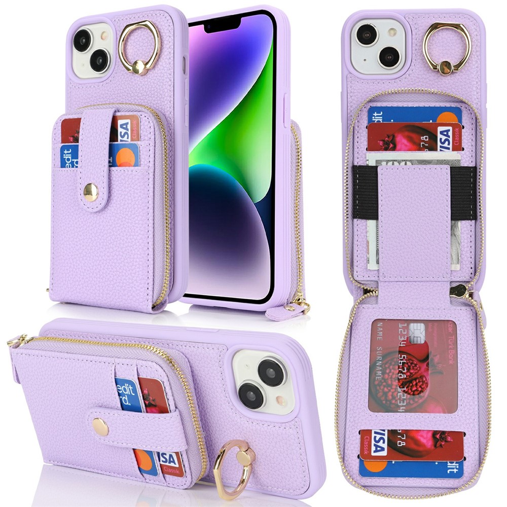 For iPhone 15 Plus / 14 Plus Case with Zipper Pouch / Ring Kickstand / Strap Litchi Texture PU + TPU Phone Cover - Purple