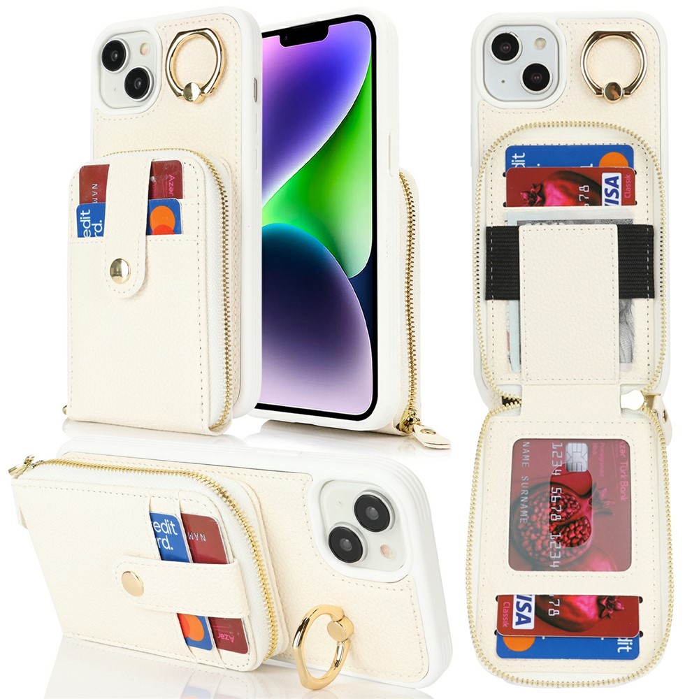 For iPhone 15 Plus / 14 Plus Case with Zipper Pouch / Ring Kickstand / Strap Litchi Texture PU + TPU Phone Cover - White