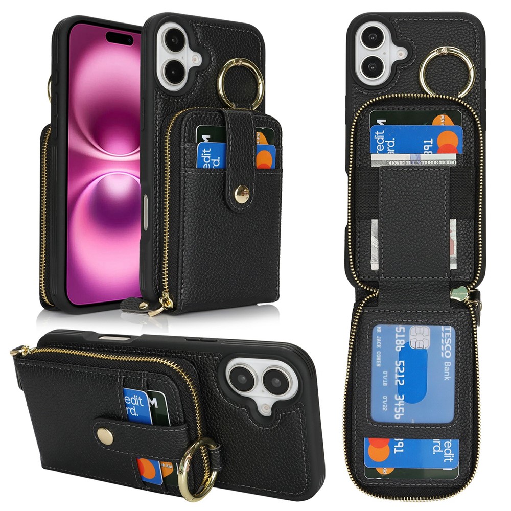 For iPhone 16 Plus Case with Zipper Pouch / Ring Kickstand / Strap Litchi Texture PU + TPU Phone Cover - Black