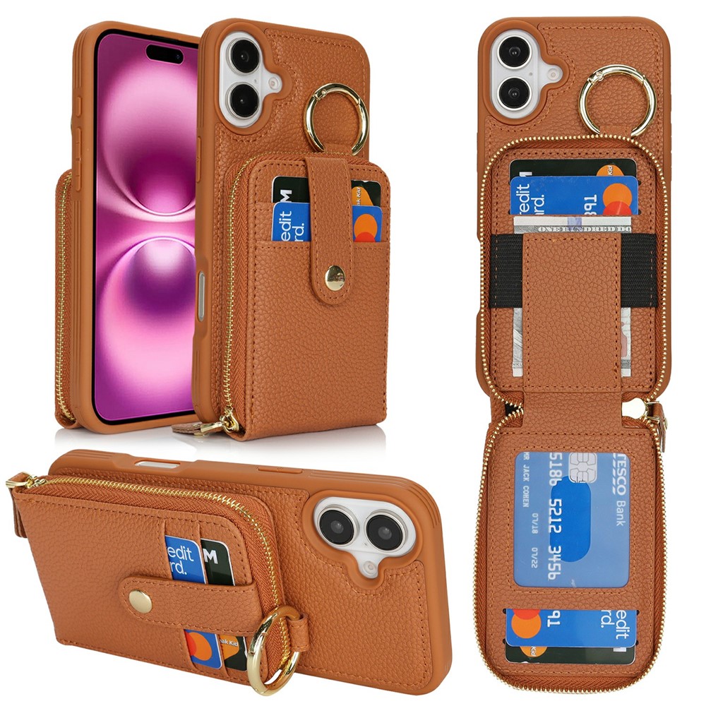 For iPhone 16 Plus Case with Zipper Pouch / Ring Kickstand / Strap Litchi Texture PU + TPU Phone Cover - Brown
