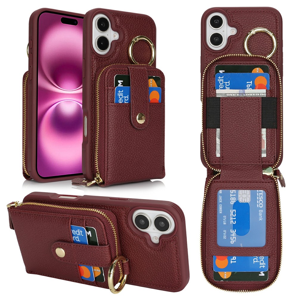 For iPhone 16 Plus Case with Zipper Pouch / Ring Kickstand / Strap Litchi Texture PU + TPU Phone Cover - Wine Red
