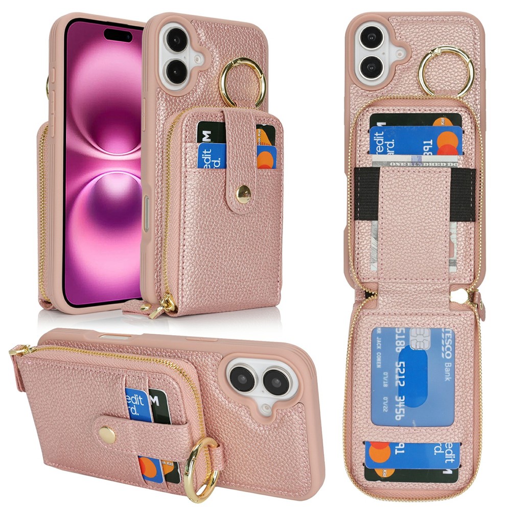 For iPhone 16 Plus Case with Zipper Pouch / Ring Kickstand / Strap Litchi Texture PU + TPU Phone Cover - Rose Gold