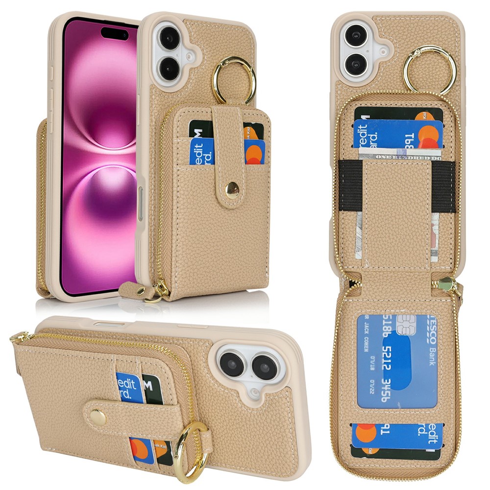 For iPhone 16 Plus Case with Zipper Pouch / Ring Kickstand / Strap Litchi Texture PU + TPU Phone Cover - Beige